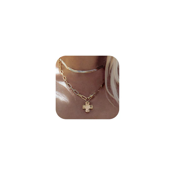 Women's Double Layer Stainless Steel Cross Necklace With Hammered Pattern Pendant And Snake Bone Chain Electroplated Fashion Jewelry