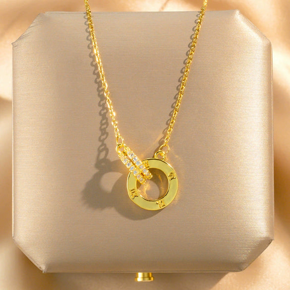 Women's Double Row Full Diamond Roman Double Ring O Chain Necklace In Titanium Steel With Geometric Pattern And 18K Gold Plated Electroplating