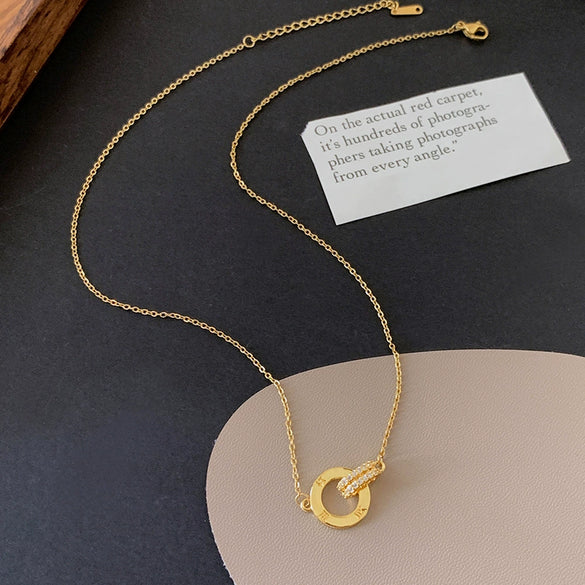 Women's Double Row Full Diamond Roman Double Ring O Chain Necklace In Titanium Steel With Geometric Pattern And 18K Gold Plated Electroplating