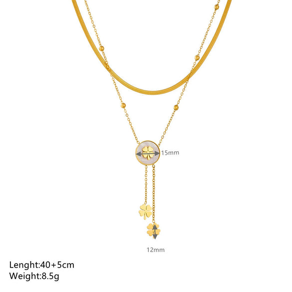 Women's Double Stacked Shell Flower Pendant Necklace Titanium Steel Geometric Box Chain