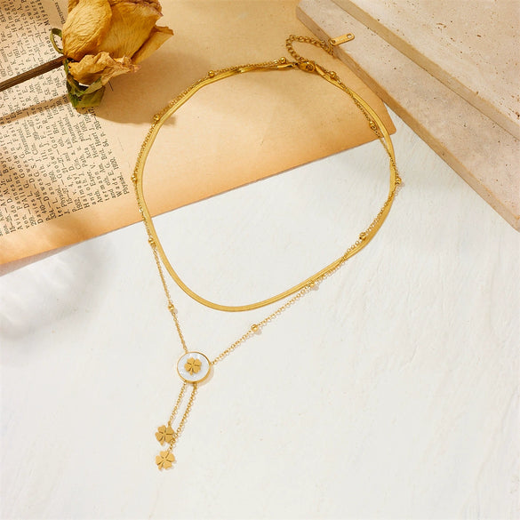 Women's Double Stacked Shell Flower Pendant Necklace Titanium Steel Geometric Box Chain