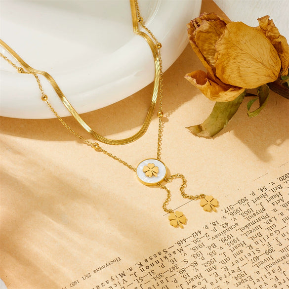 Women's Double Stacked Shell Flower Pendant Necklace Titanium Steel Geometric Box Chain