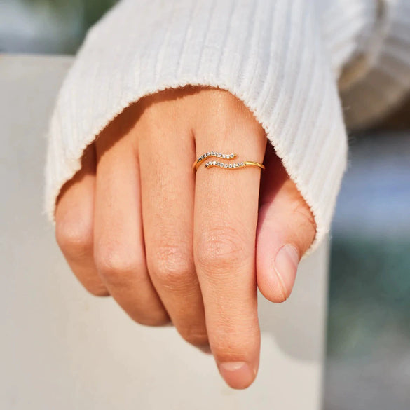 Women's Double Wave Geometric Inlaid Zircon 925 Sterling Silver Ring Electroplated
