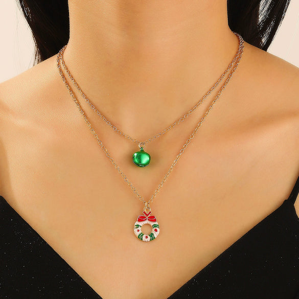 Women's Doublelayer Alloy Elk Bell And Christmas Tree Necklace With Electroplated Layered Chain Holiday Jewelry