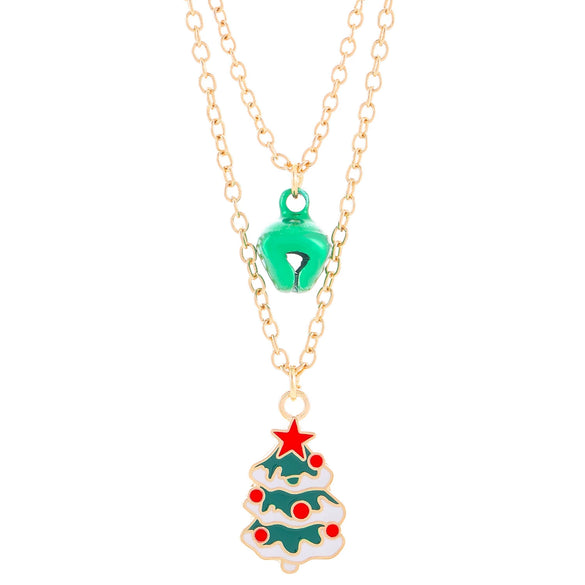 Women's Doublelayer Alloy Elk Bell And Christmas Tree Necklace With Electroplated Layered Chain Holiday Jewelry