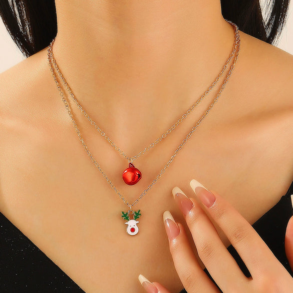 Women's Doublelayer Alloy Elk Bell And Christmas Tree Necklace With Electroplated Layered Chain Holiday Jewelry