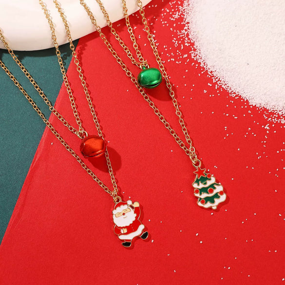 Women's Doublelayer Alloy Elk Bell And Christmas Tree Necklace With Electroplated Layered Chain Holiday Jewelry