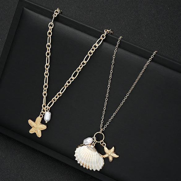Women's Doublelayer Alloy Necklace With Shell Starfish And Pearl Accents Irregular Chain Geometric Ocean Vacation Style Jewelry