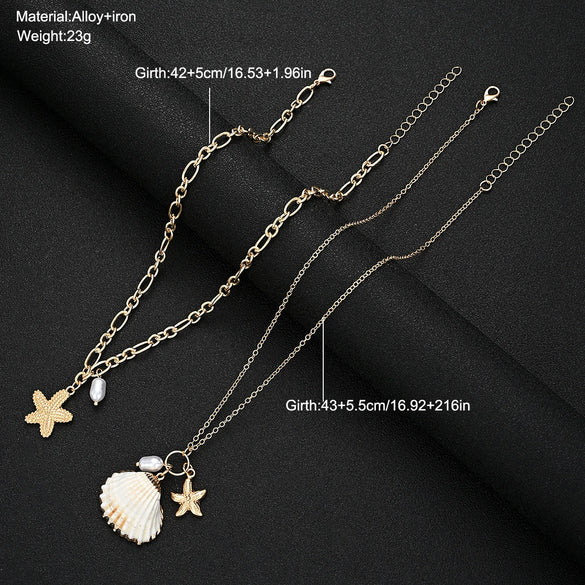 Women's Doublelayer Alloy Necklace With Shell Starfish And Pearl Accents Irregular Chain Geometric Ocean Vacation Style Jewelry