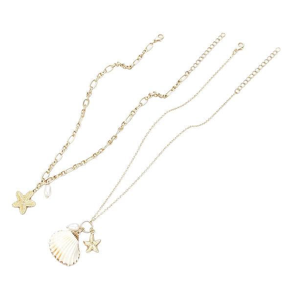 Women's Doublelayer Alloy Necklace With Shell Starfish And Pearl Accents Irregular Chain Geometric Ocean Vacation Style Jewelry