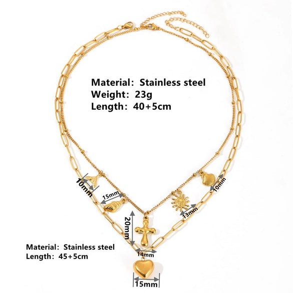Women's Doublelayer Conch And Peach Heart Pendant Necklace Titanium Steel Geometric Box Chain