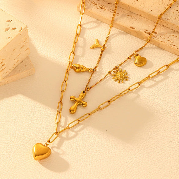 Women's Doublelayer Conch And Peach Heart Pendant Necklace Titanium Steel Geometric Box Chain