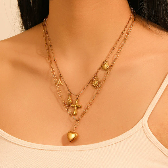 Women's Doublelayer Conch And Peach Heart Pendant Necklace Titanium Steel Geometric Box Chain