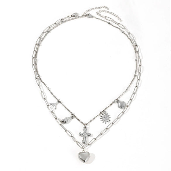 Women's Doublelayer Conch And Peach Heart Pendant Necklace Titanium Steel Geometric Box Chain