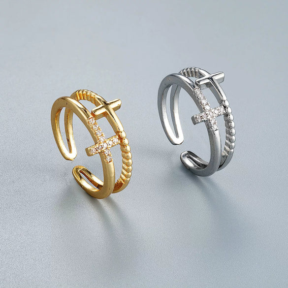 Women's Doublelayer Cross Ring With Cubic Zirconia Electroplated Copper Open Adjustable Band In Gold Or Silver Finish