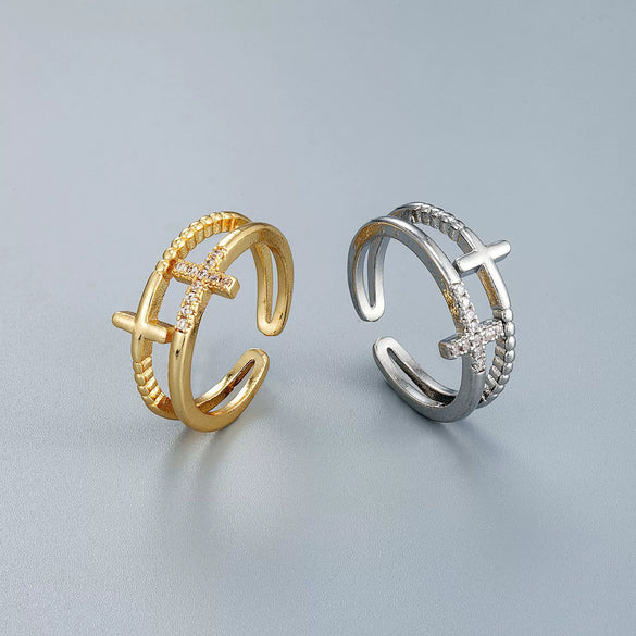 Women's Doublelayer Cross Ring With Cubic Zirconia Electroplated Copper Open Adjustable Band In Gold Or Silver Finish