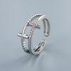 Women's Doublelayer Cross Ring With Cubic Zirconia Electroplated Copper Open Adjustable Band In Gold Or Silver Finish