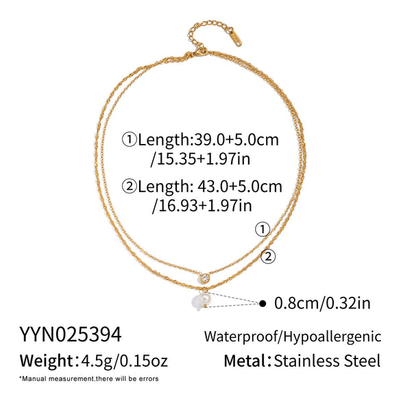 Women's Doublelayer Inlaid Zircon Pearl Necklace Stainless Steel 18K Real Gold Plated Geometric Jewelry