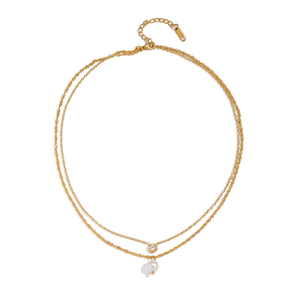 Women's Doublelayer Inlaid Zircon Pearl Necklace Stainless Steel 18K Real Gold Plated Geometric Jewelry