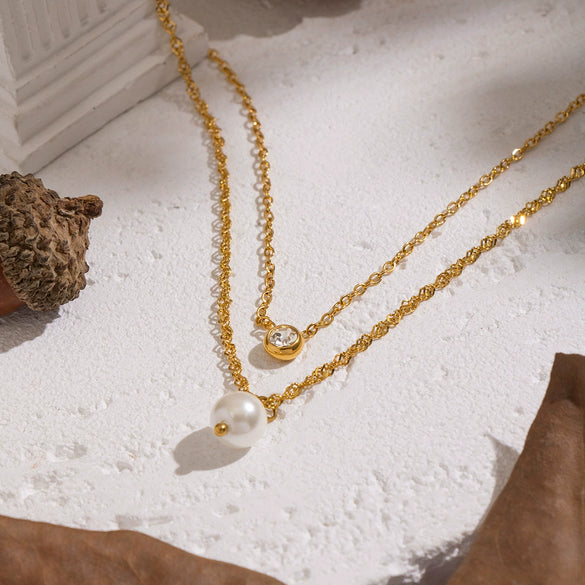 Women's Doublelayer Inlaid Zircon Pearl Necklace Stainless Steel 18K Real Gold Plated Geometric Jewelry