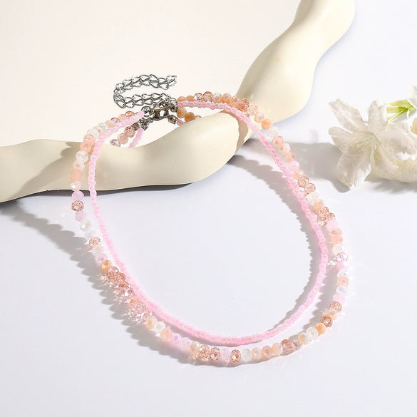 Women's Doublelayer Stacked Artificial Crystal Necklace With Geometric Styling And Electroplating Treatment And Ball Chain