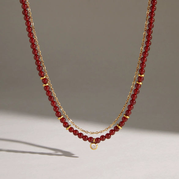 Women's Doublelayer Stainless Steel Cross Necklace With Round Zircon Pendant And Natural Red Agate Beads Pvd Vacuum Gold Plated