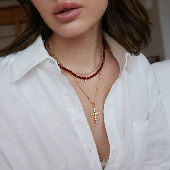 Women's Doublelayer Stainless Steel Cross Necklace With Round Zircon Pendant And Natural Red Agate Beads Pvd Vacuum Gold Plated