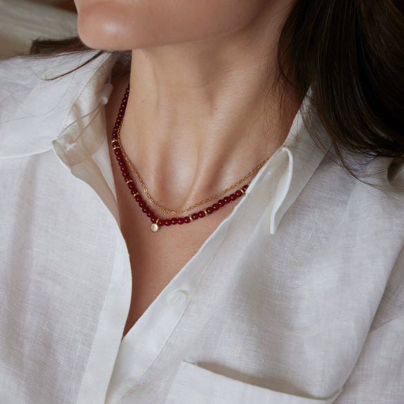 Women's Doublelayer Stainless Steel Cross Necklace With Round Zircon Pendant And Natural Red Agate Beads Pvd Vacuum Gold Plated