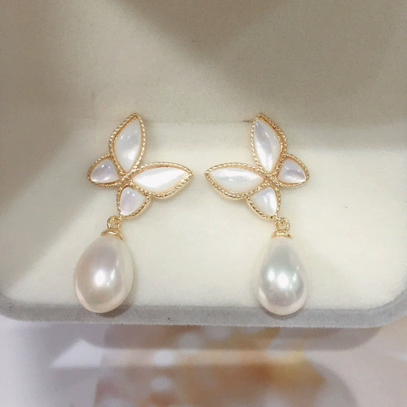 Women's Dropshaped Natural Freshwater Pearl And Sea Shell Butterfly Earrings Light Luxury Highgrade