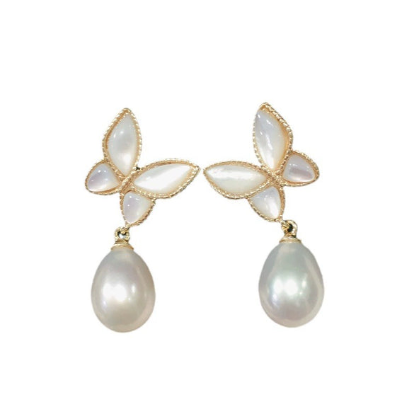 Women's Dropshaped Natural Freshwater Pearl And Sea Shell Butterfly Earrings Light Luxury Highgrade