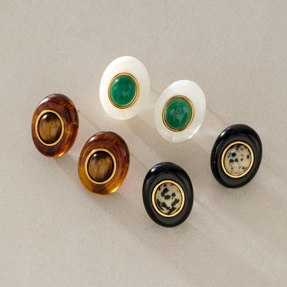 Women's Eggshaped Geometric Stainless Steel Stud Earrings With Pvd Gold Plating And Resin Design