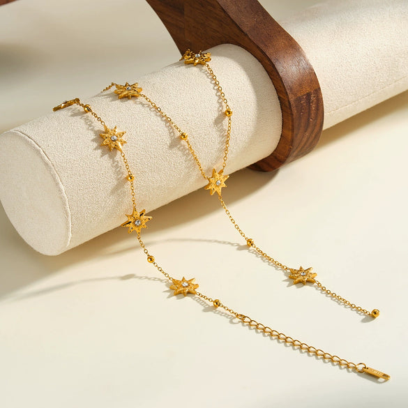 Women's Eight Pointed Star Geometric Rhinestone Stainless Steel Necklace And Bracelet Set With 18K Vacuum Plated Finish