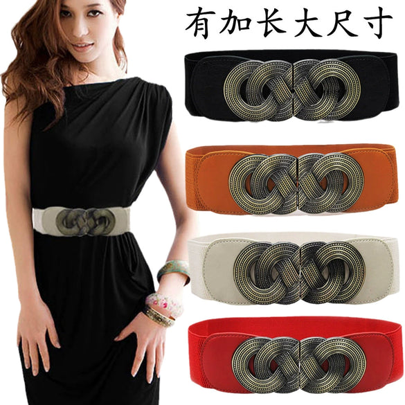 Women's Elastic Faux Leather Plus Size Waist Belt With Distressed Bronze Tone Buckle