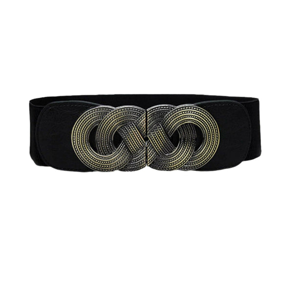 Women's Elastic Faux Leather Plus Size Waist Belt With Distressed Bronze Tone Buckle
