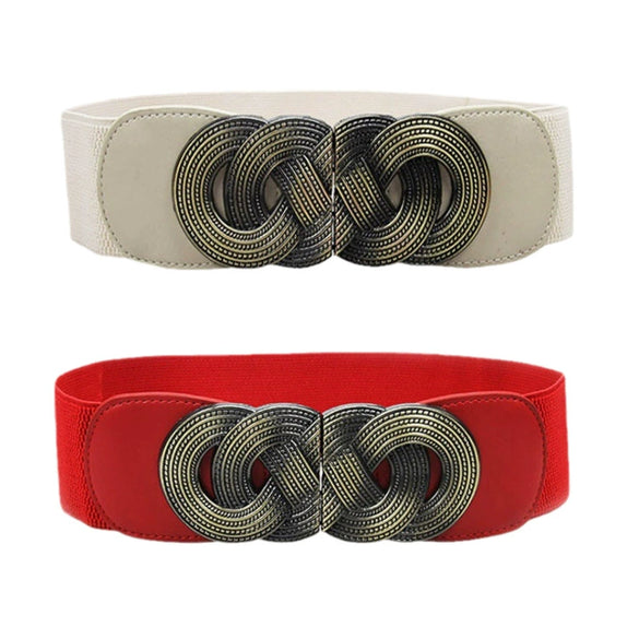 Women's Elastic Faux Leather Plus Size Waist Belt With Distressed Bronze Tone Buckle