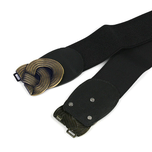 Women's Elastic Faux Leather Plus Size Waist Belt With Distressed Bronze Tone Buckle