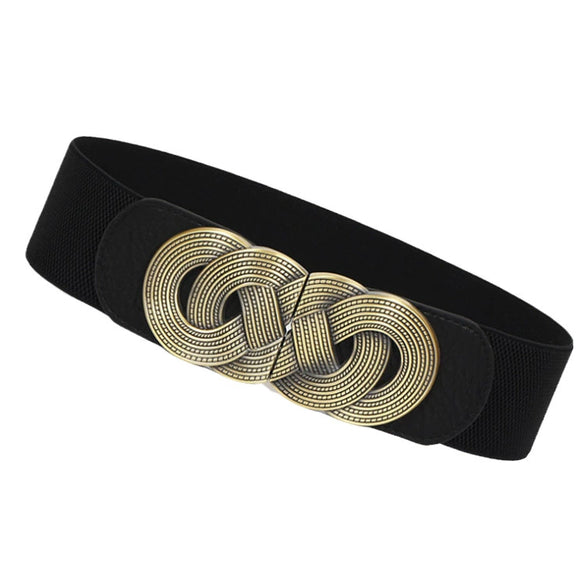 Women's Elastic Faux Leather Plus Size Waist Belt With Distressed Bronze Tone Buckle