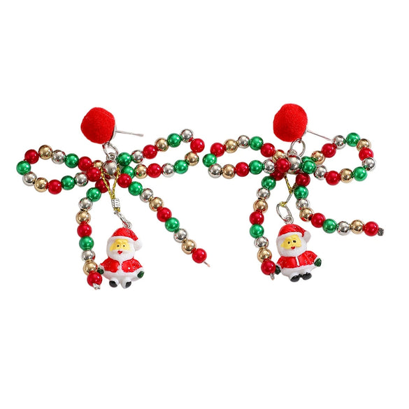 Women's Electroplated Alloy Beaded Bow Earrings With Santa Claus Pendants Colorful Christmas Festival Jewelry