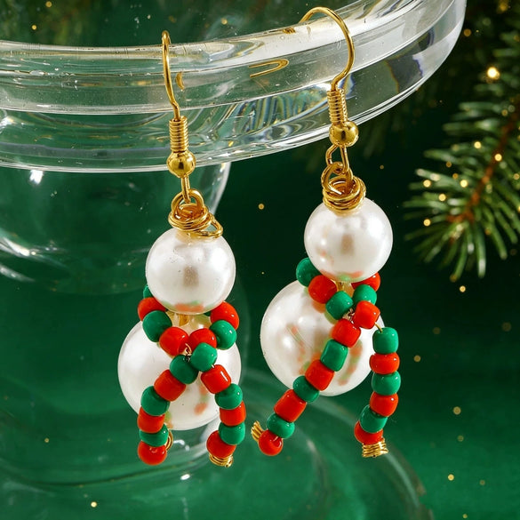 Women's Electroplated Alloy Beaded Bow Earrings With Santa Claus Pendants Colorful Christmas Festival Jewelry