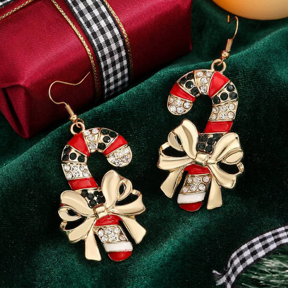 Women's Electroplated Alloy Caneshaped Drop Earrings With Rhinestone Bow And Festive Design