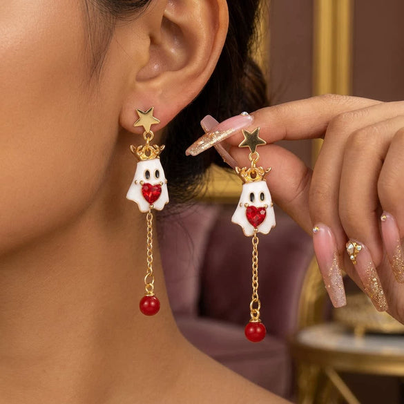 Women’s Electroplated Alloy Christmas Tree Drop Earrings With Cute Ghost And Crown Design And Stainless Steel Posts