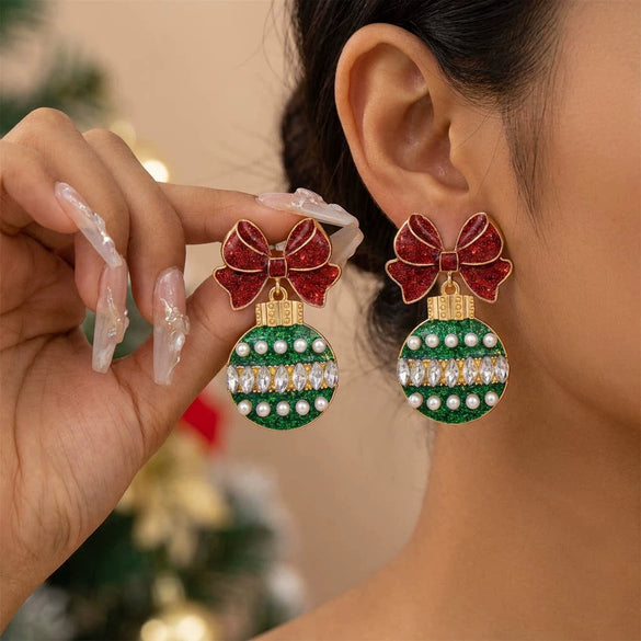 Women's Electroplated Alloy Christmas Tree Drop Earrings With Red Bow And Rhinestone Light Bulb Design Vintage Elegant Statement Jewelry