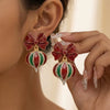 Women's Electroplated Alloy Christmas Tree Drop Earrings With Red Bow And Rhinestone Light Bulb Design Vintage Elegant Statement Jewelry