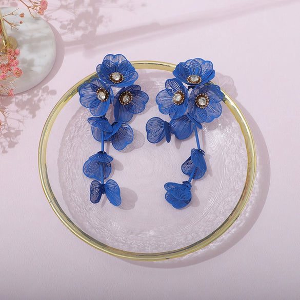 Women's Electroplated Alloy Flower And Leaf Tassel Earrings With Stainless Steel Ear Needles Retro Exaggerated Fashion Jewelry