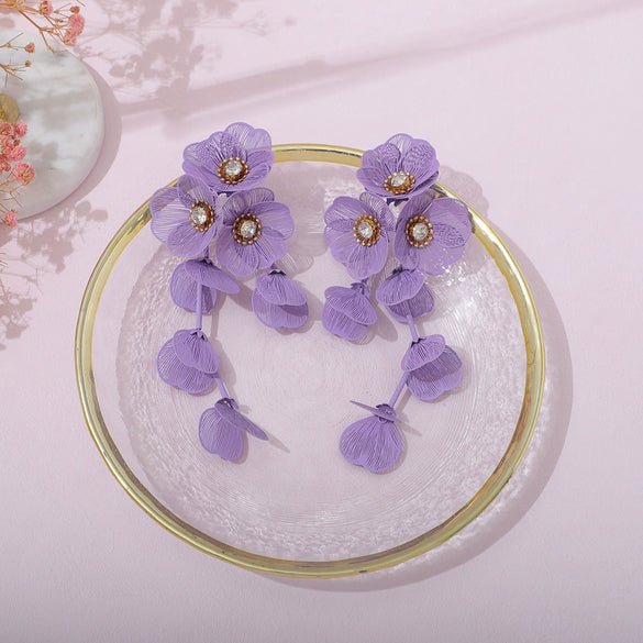 Women's Electroplated Alloy Flower And Leaf Tassel Earrings With Stainless Steel Ear Needles Retro Exaggerated Fashion Jewelry
