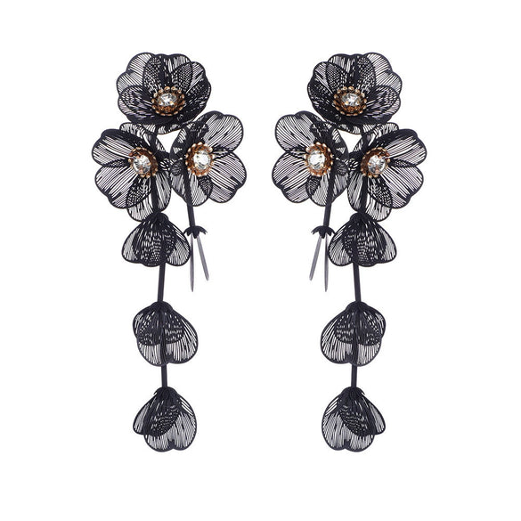 Women's Electroplated Alloy Flower And Leaf Tassel Earrings With Stainless Steel Ear Needles Retro Exaggerated Fashion Jewelry