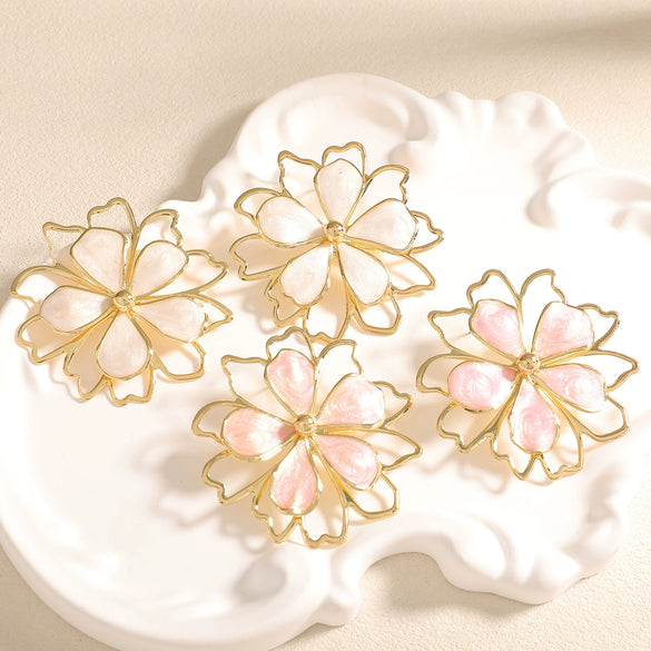 Women's Electroplated Alloy Flower Stud Earrings With Hollow Doublelayer Petal Design And Stainless Steel Posts