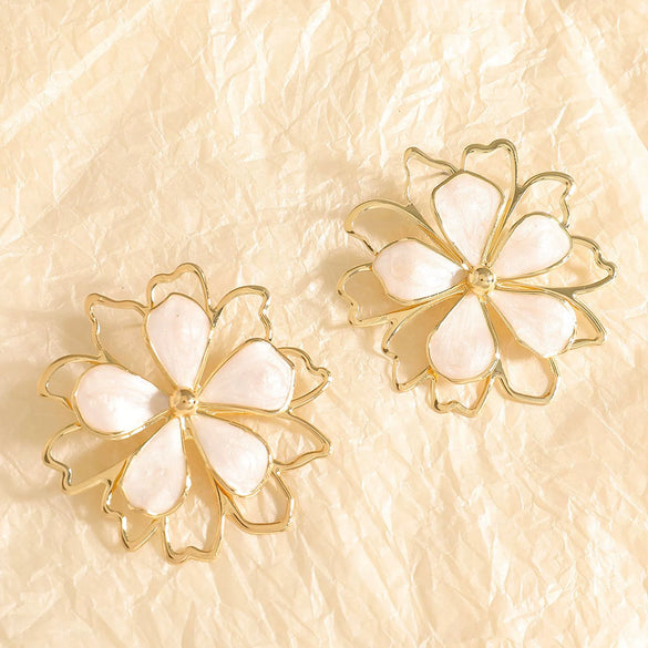 Women's Electroplated Alloy Flower Stud Earrings With Hollow Doublelayer Petal Design And Stainless Steel Posts