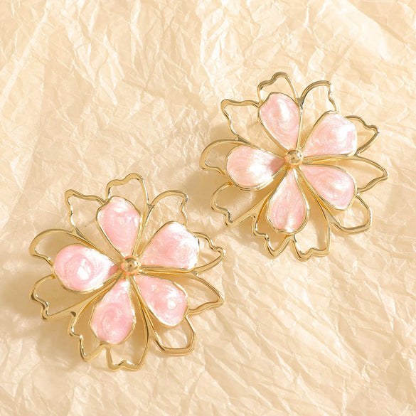 Women's Electroplated Alloy Flower Stud Earrings With Hollow Doublelayer Petal Design And Stainless Steel Posts