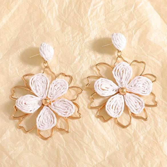Women's Electroplated Alloy Flower Stud Earrings With Hollow Doublelayer Petal Design And Stainless Steel Posts